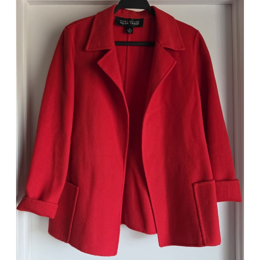 VTG Linda Allard Ellen Tracy Wool Coat Size 4 Red Classic Overcoat Open Front